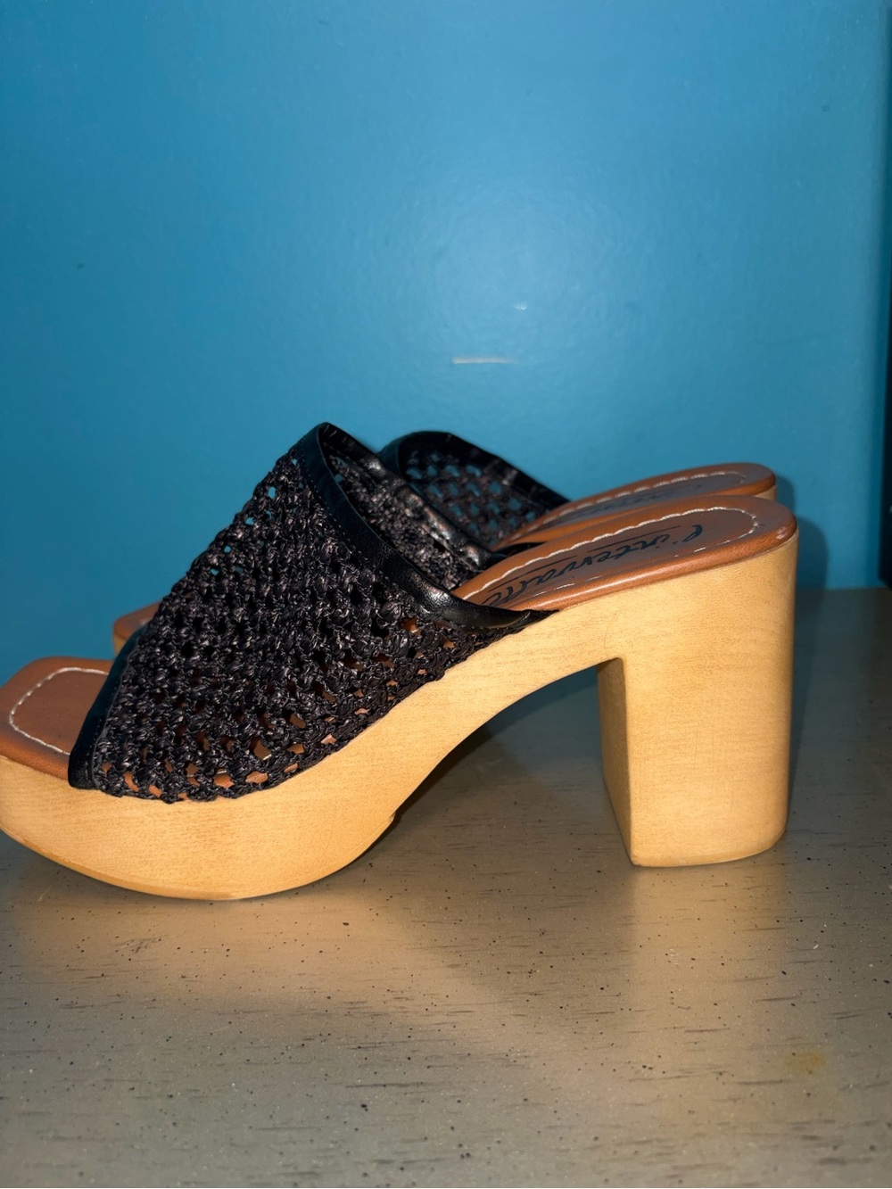 Brand New Woven Black Mesh with Wood-Tone Block Platform Heels